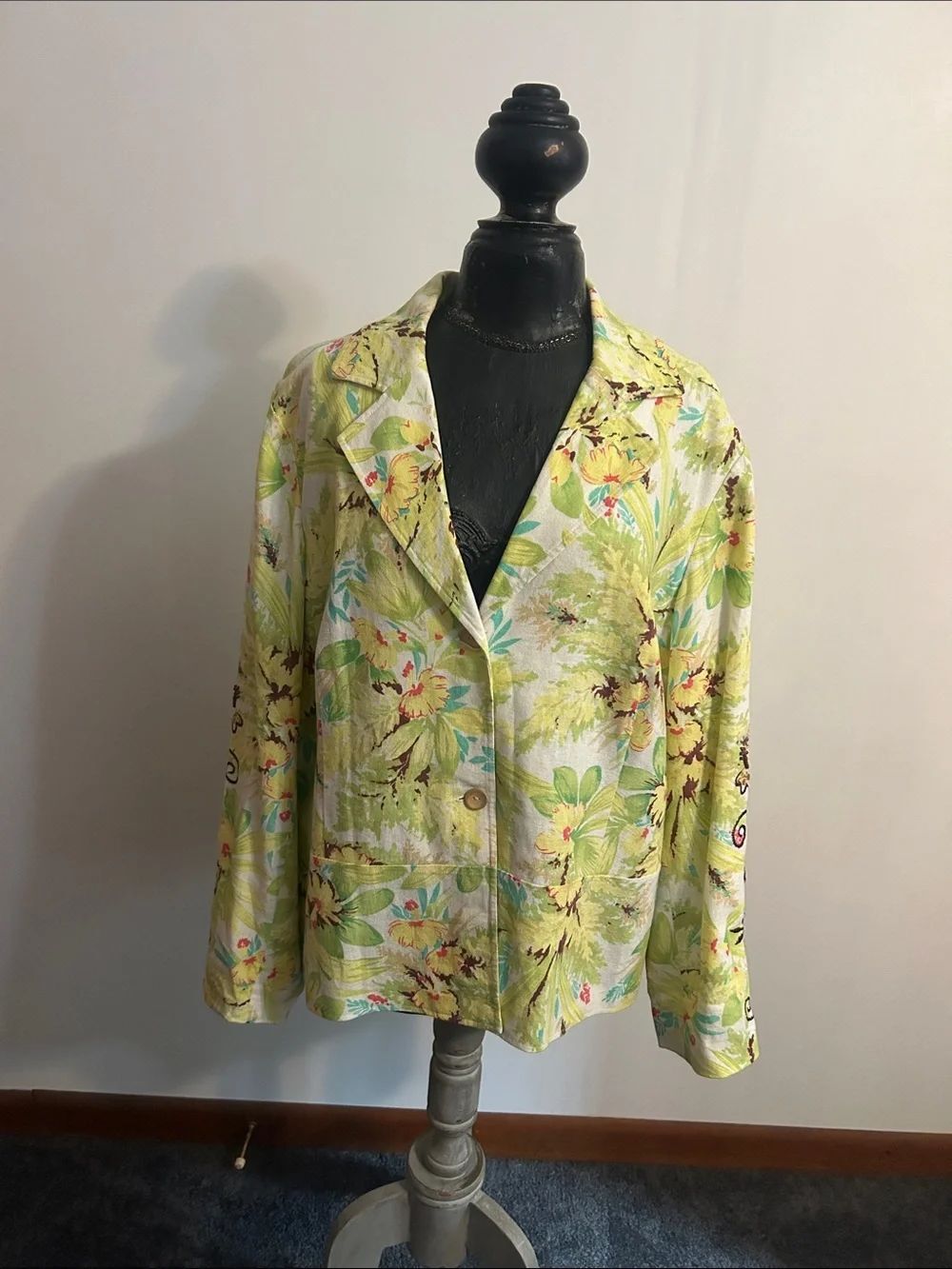 Coldwater Creek Floral Linen-Blend Women's Blazer Jacket - Yellow Green Floral